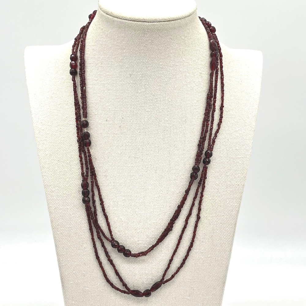 Vintage Deep Red Multi Strand Seed Bead Faceted Layered Necklace 44 in